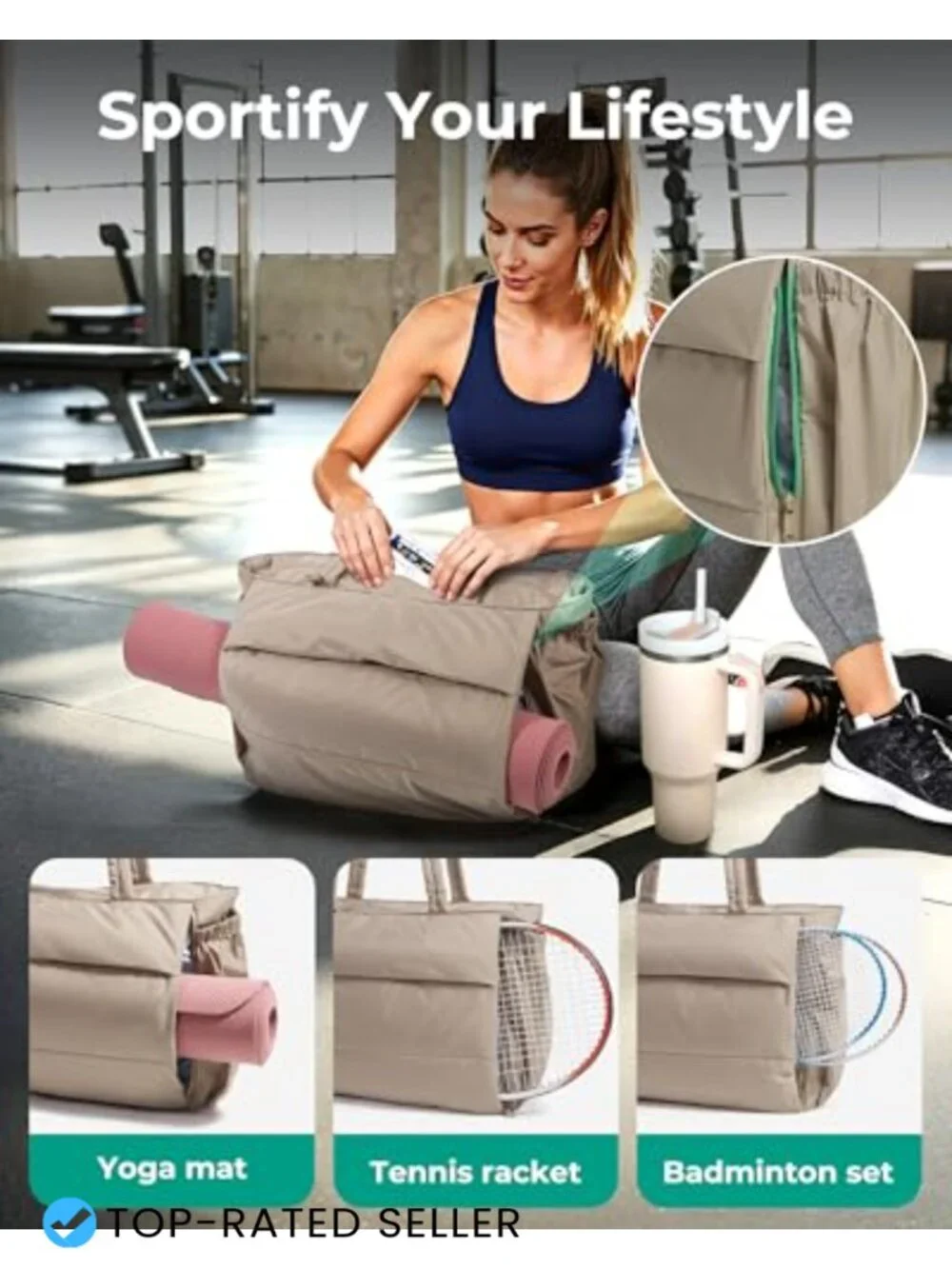 Quilted Puffy Tote Gym Bag with Yoga Mat Holder for Women